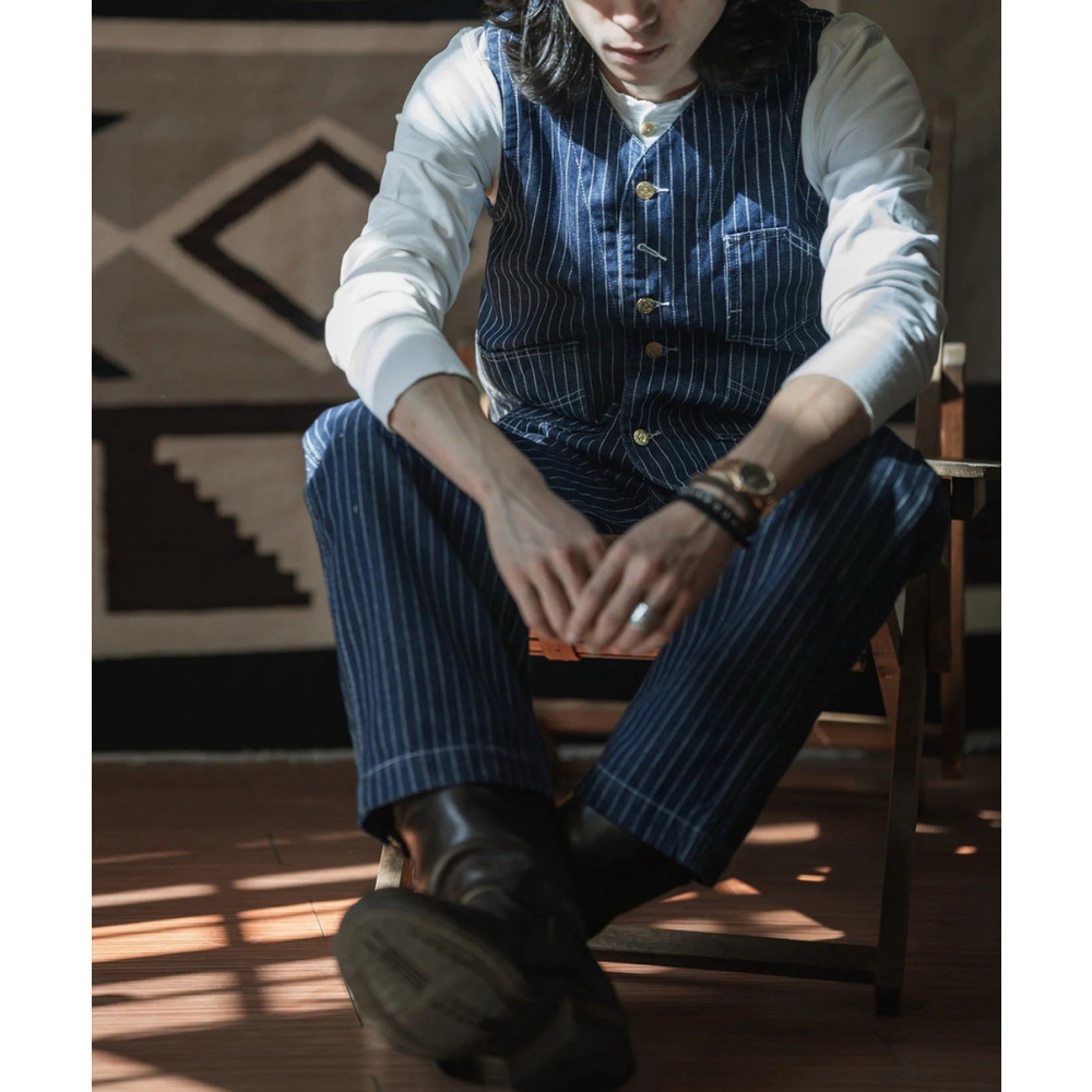Non Stock Retro Amekaji Men's Wabash Stripe Vest Railroad Work Denim Waistcoats - Picture 4 of 16